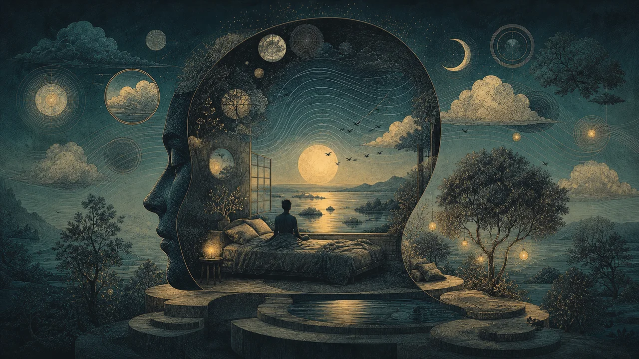 Person practicing mindfulness in bed at night as gentle thoughts dissipate toward the moonlit sky