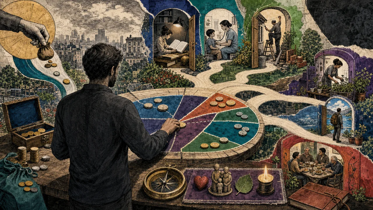 A person facing luminous paths that represent choices made possible by money