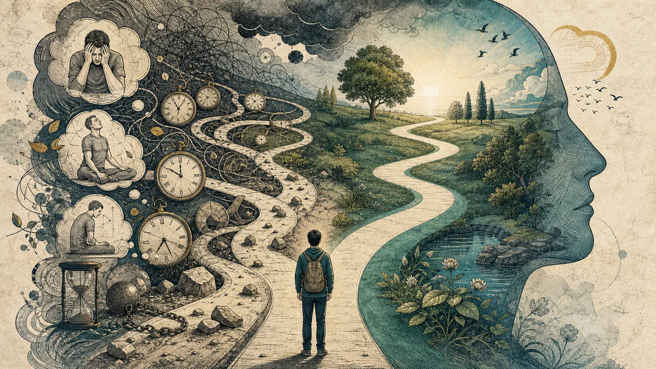 Person beginning mindfulness surrounded by symbols of distraction, haste, and self-pressure