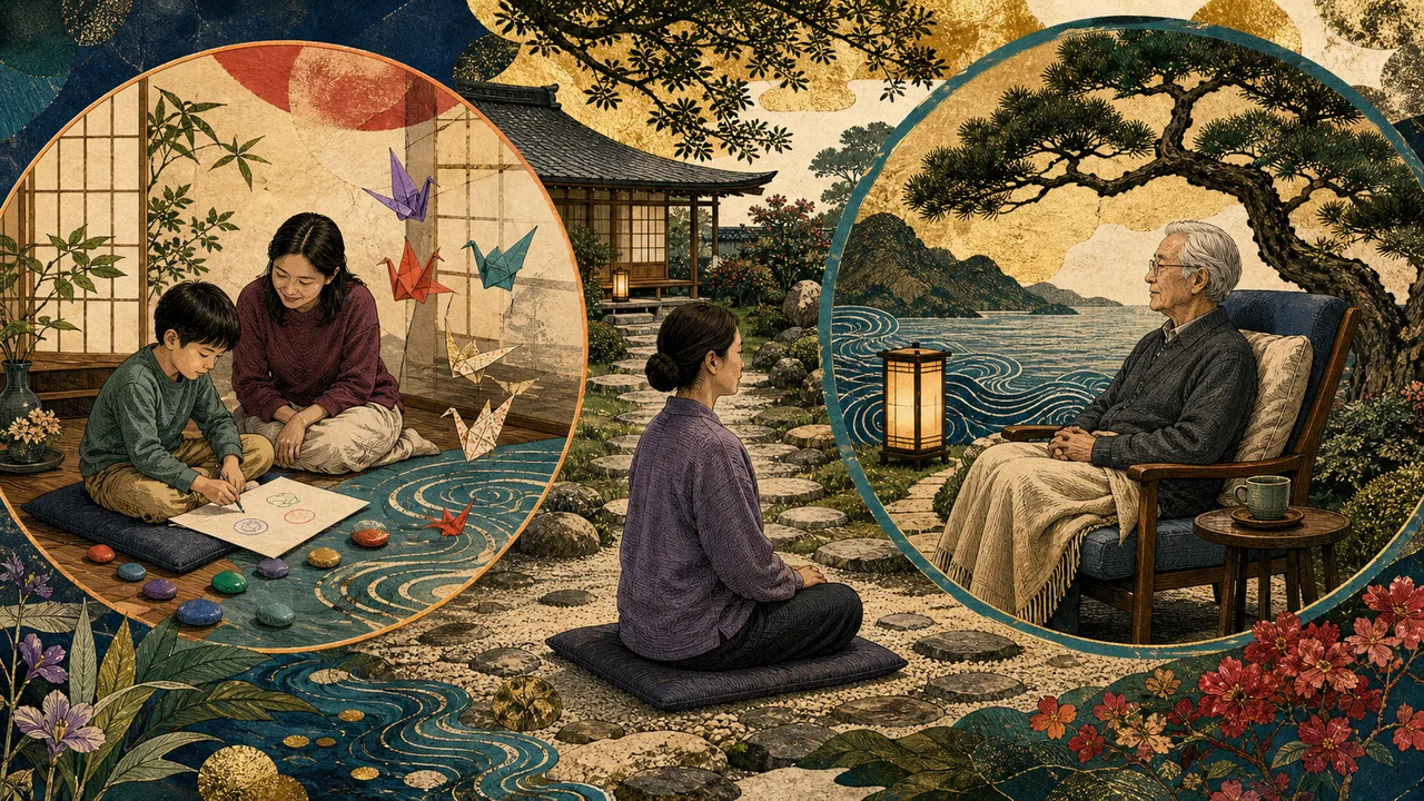 Reiki treatment for a child and an elderly woman with soft light in a welcoming and safe setting