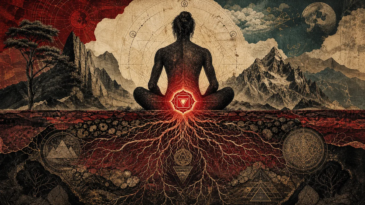 A person meditating with red energy in the root chakra and luminous roots connected to the earth