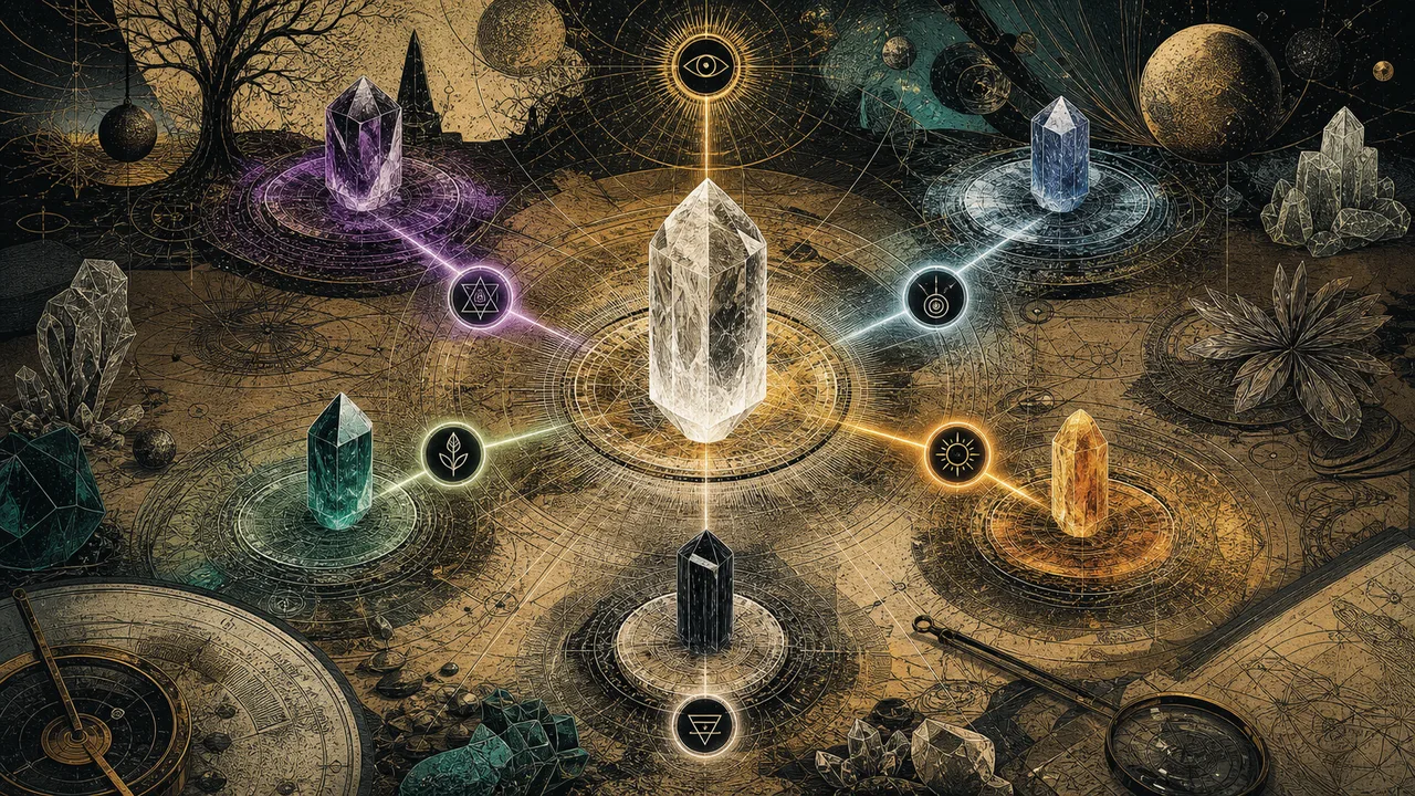 Crystals separated by energetic functions in a symbolic composition about using a single intention in crystal therapy
