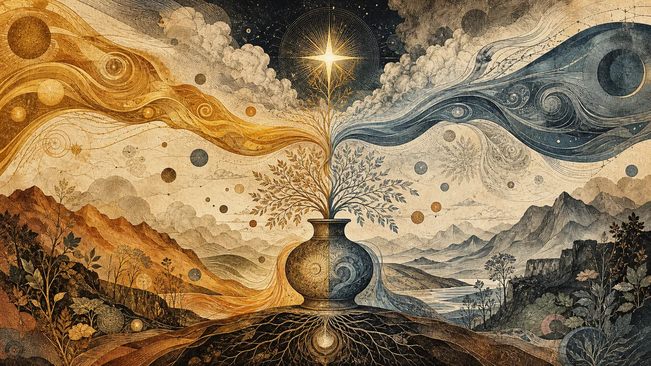 Two complementary forces forming a new figure that represents generation and creation on different planes