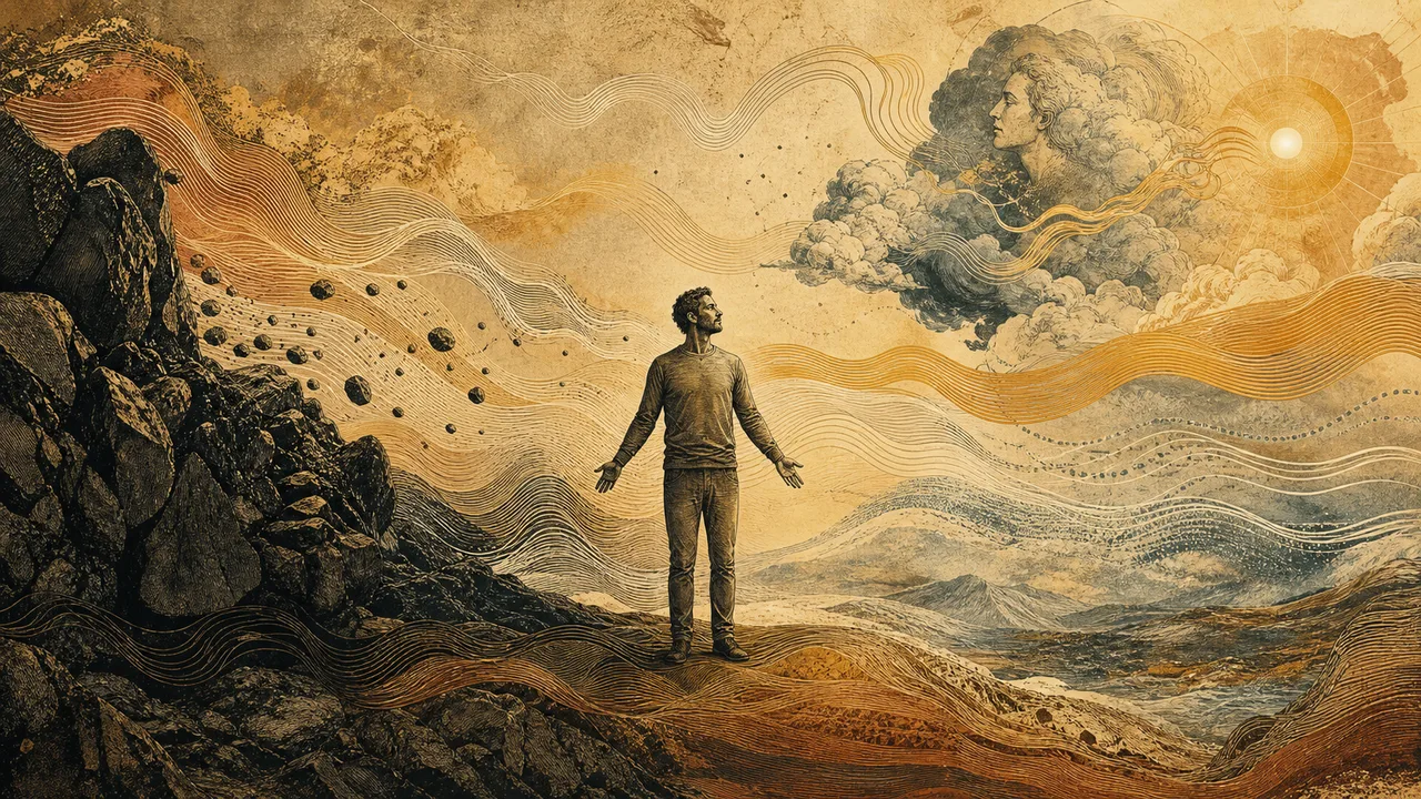A human figure among waves that change in intensity and represent movement and transformation