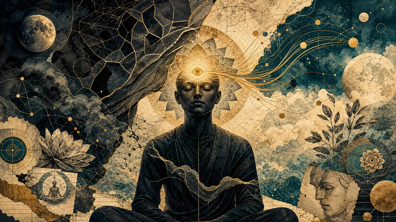 Person meditating with mist over the third eye gradually opening into a clear light