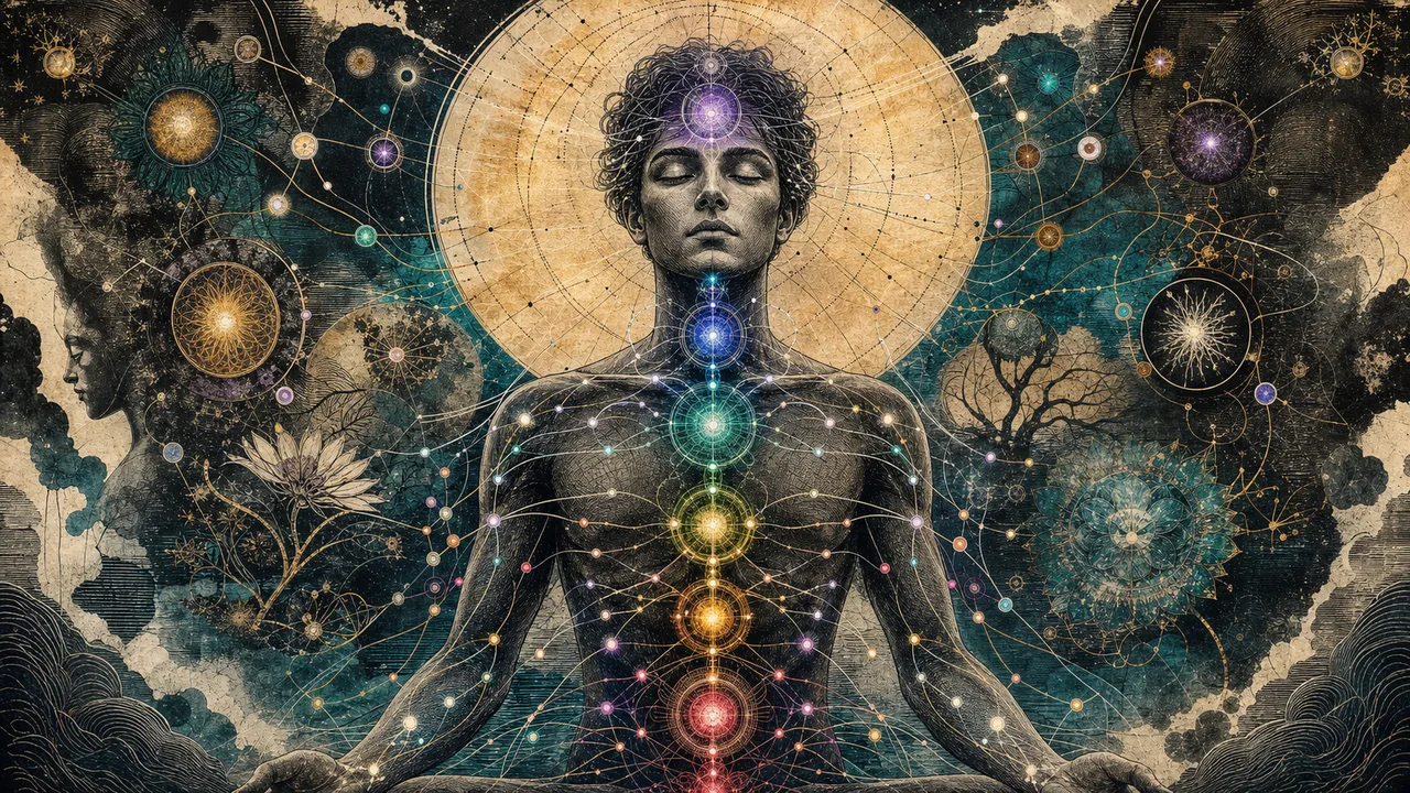 An energy body with small luminous centers organized into chakras and energy channels
