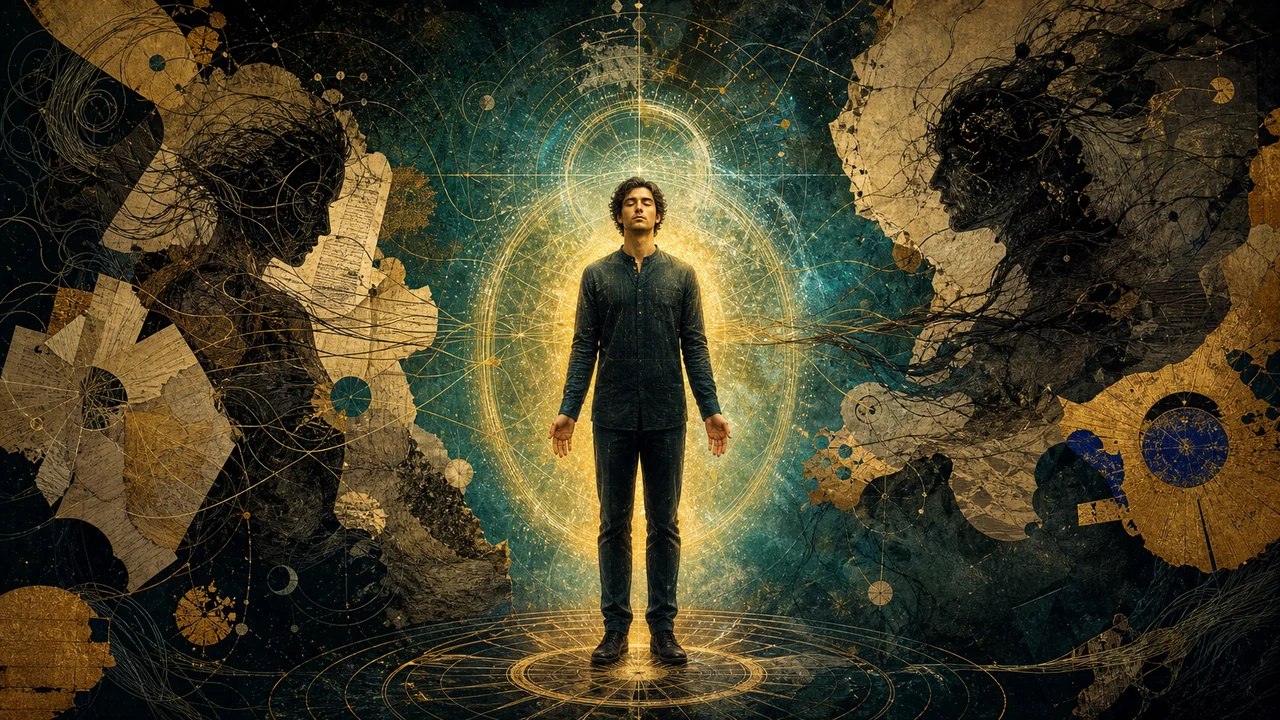 Person with an illuminated energy field and a subtle presence beside them representing spiritual influence