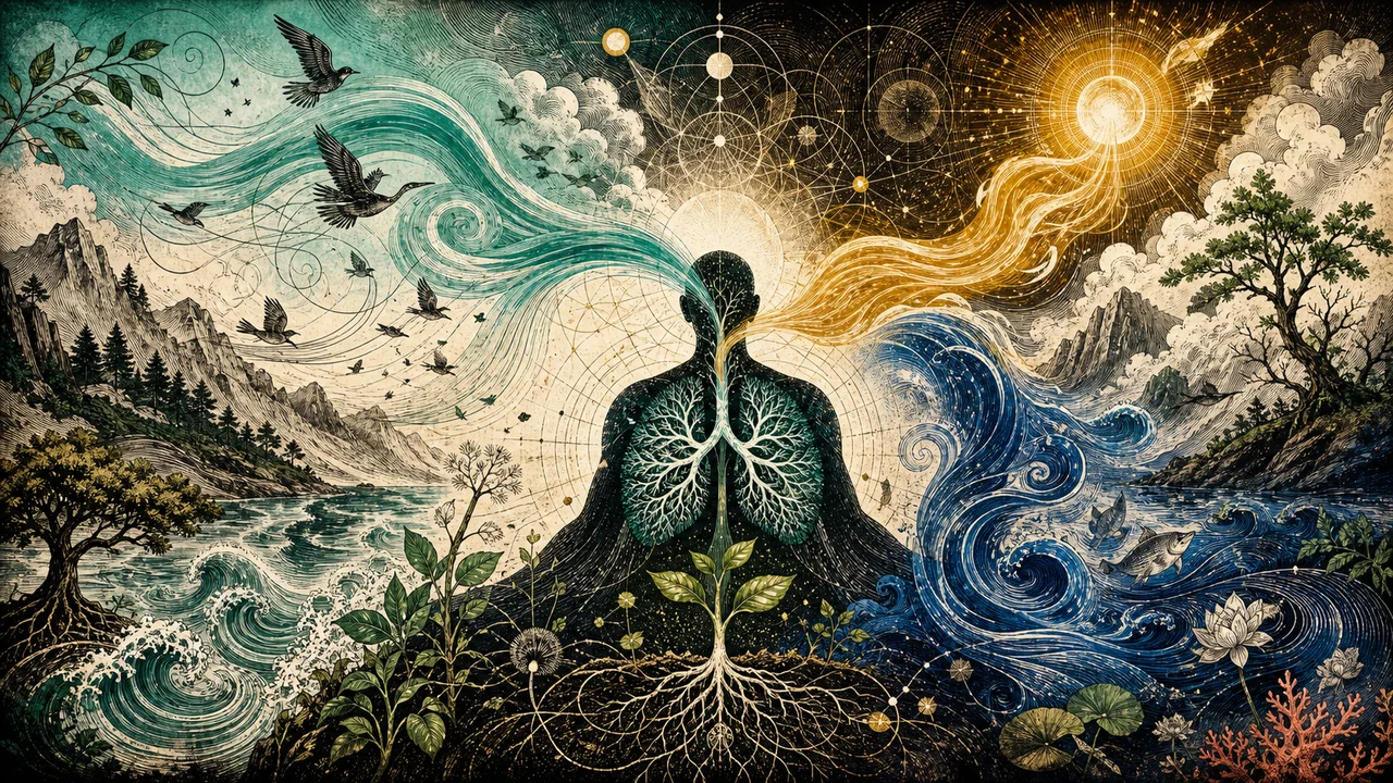 A person meditating with flows of vital energy circulating among nature, breath and the energy body