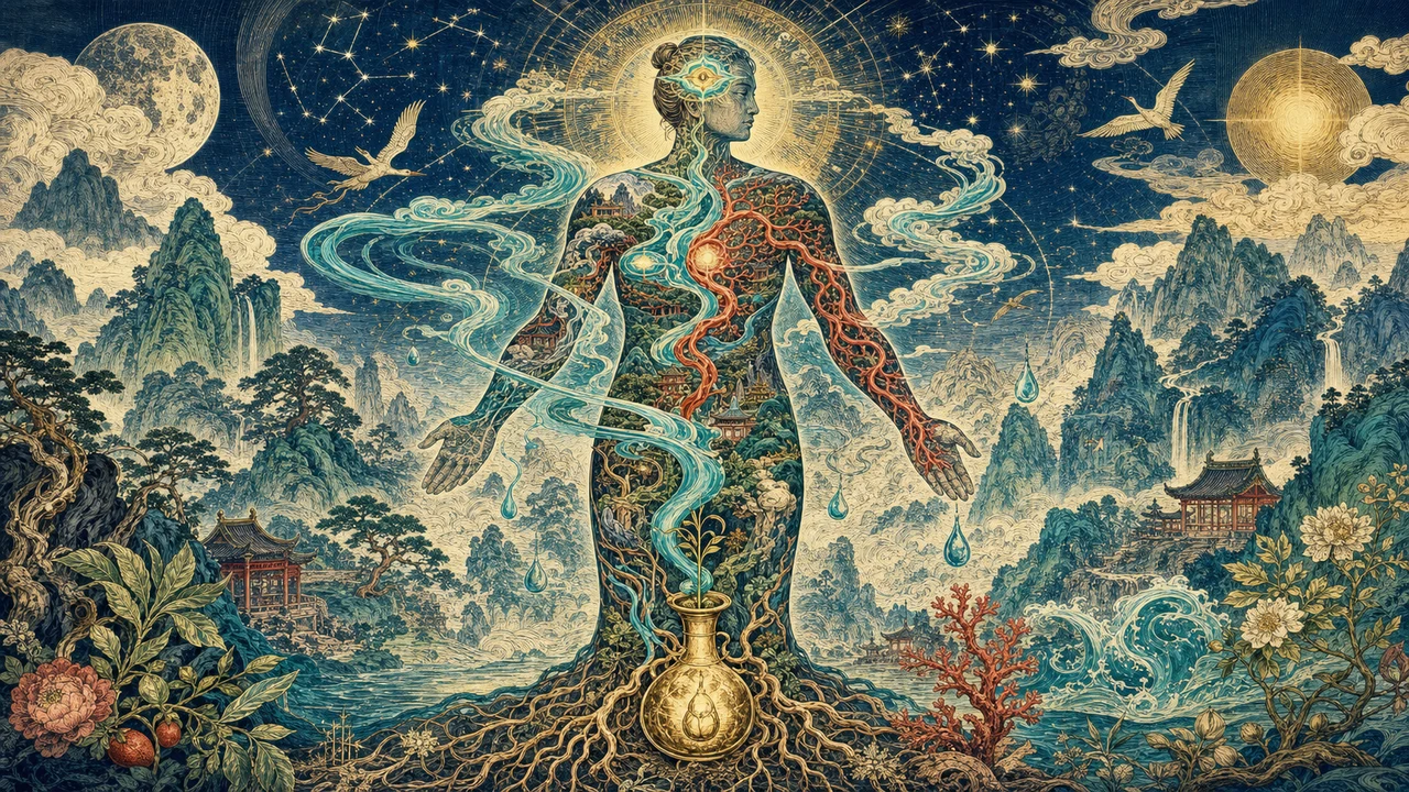 A representation of the five vital substances Jing, Qi, Xue, Jin Ye and Shen integrated into the human body