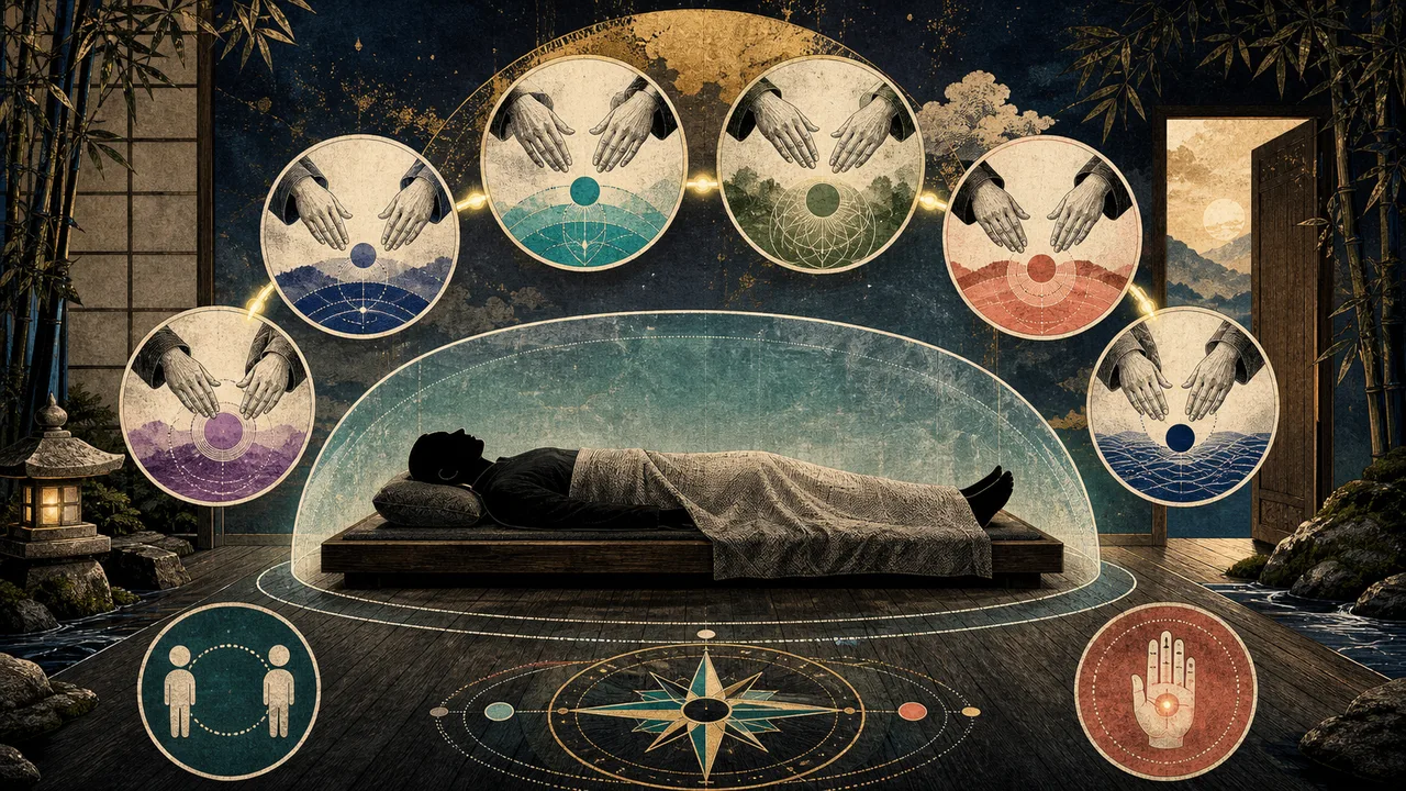 Reiki application with a practitioner positioning their hands above the body in a respectful and organized session