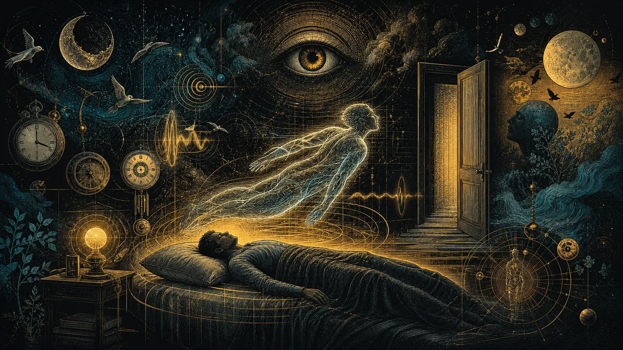 A luminous astral body beginning to float above the physical body during the first signs of astral projection
