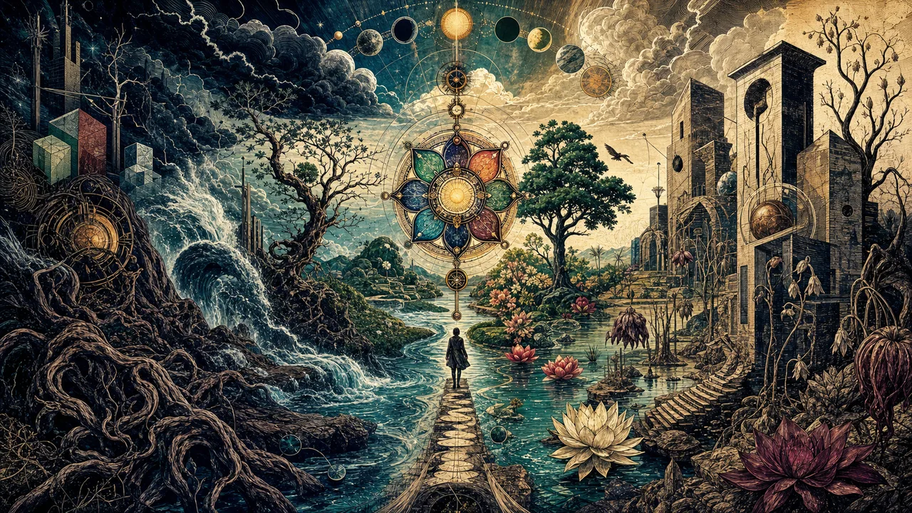 A person meditating with seven aligned chakras and balanced energy in a serene spiritual setting