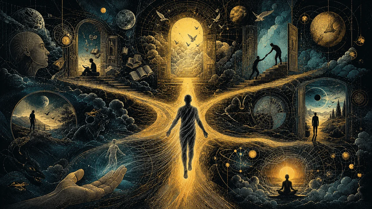 A luminous consciousness projecting outside the physical body during sleep with scenes of spiritual learning around it