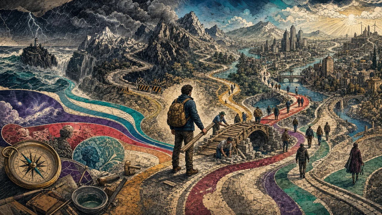 Person observing luminous paths that represent choices, intention, and the construction of reality