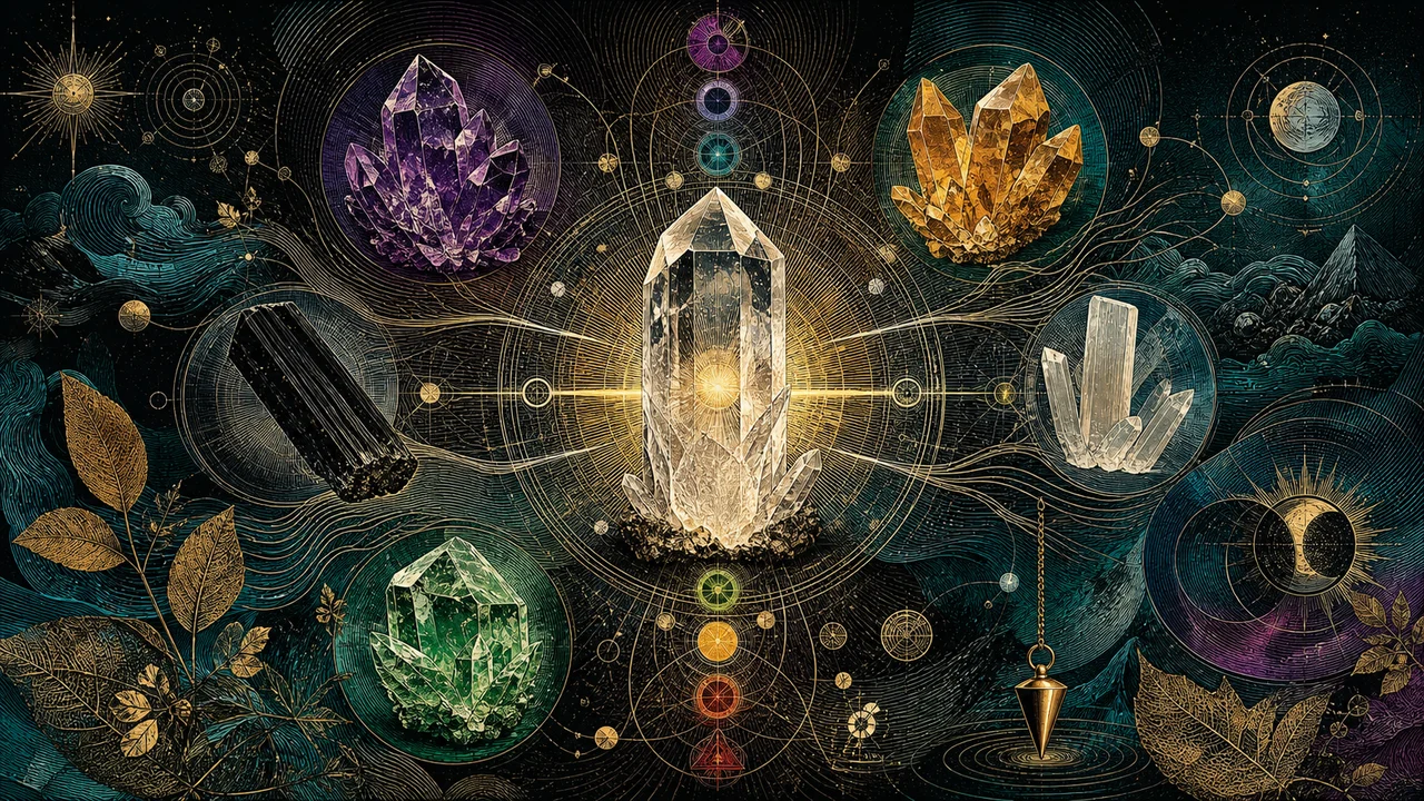 Central crystal radiating energy toward amethyst, citrine, black tourmaline, selenite, and chakras in a symbolic crystal therapy composition