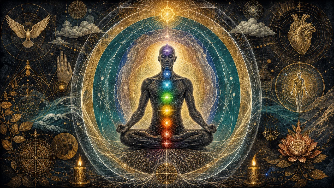 Person meditating with chakras and luminous subtle fields around the body