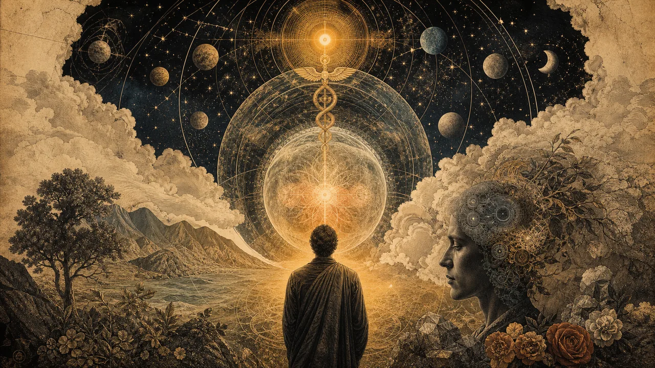 Human figure before a symbolic cosmos representing the union among God, the universe, and consciousness in Hermeticism