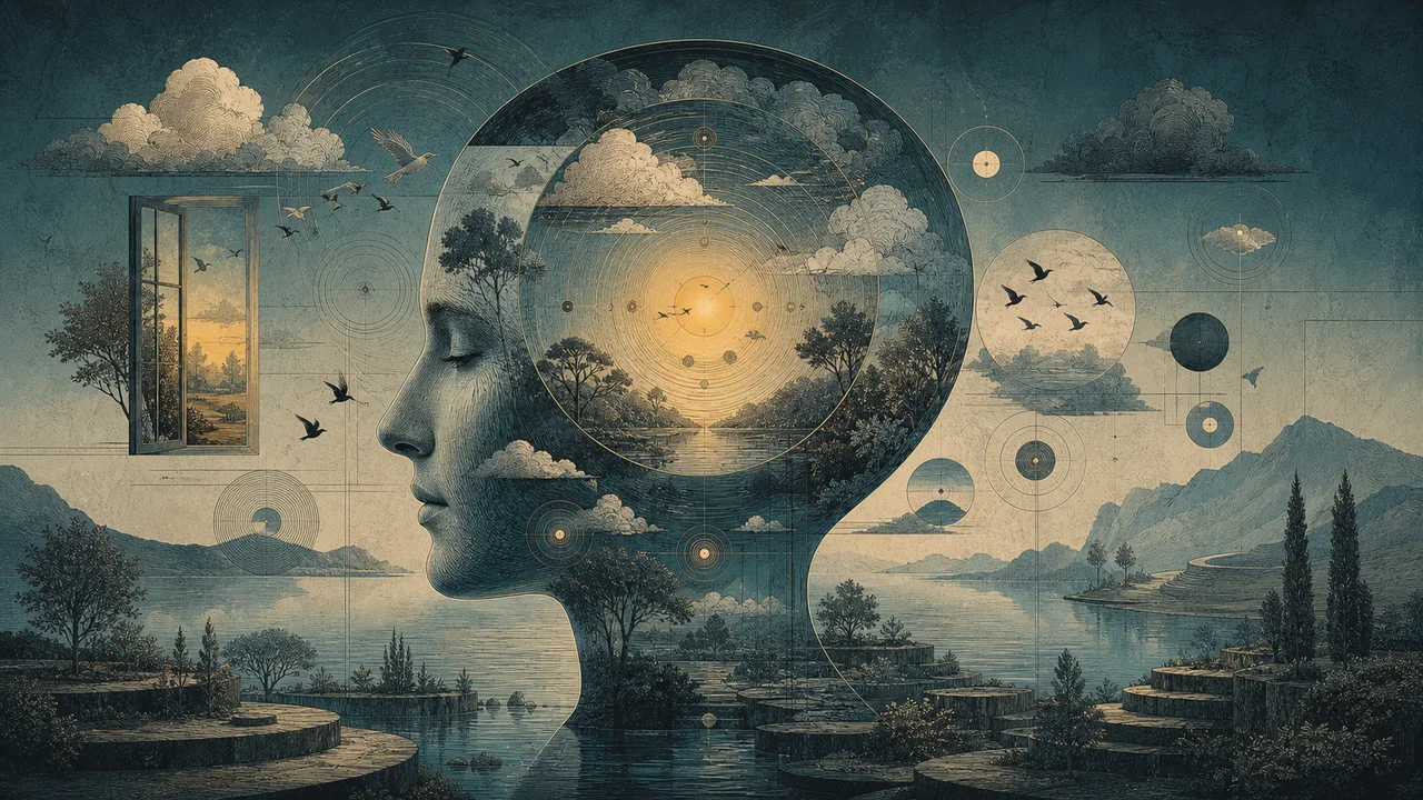 A person in mindful meditation with gentle lines representing breathing, attention and presence in the current moment