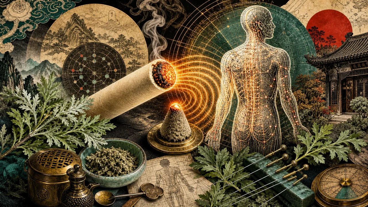 A surreal composition about moxa therapy with moxa, heat and energetic points