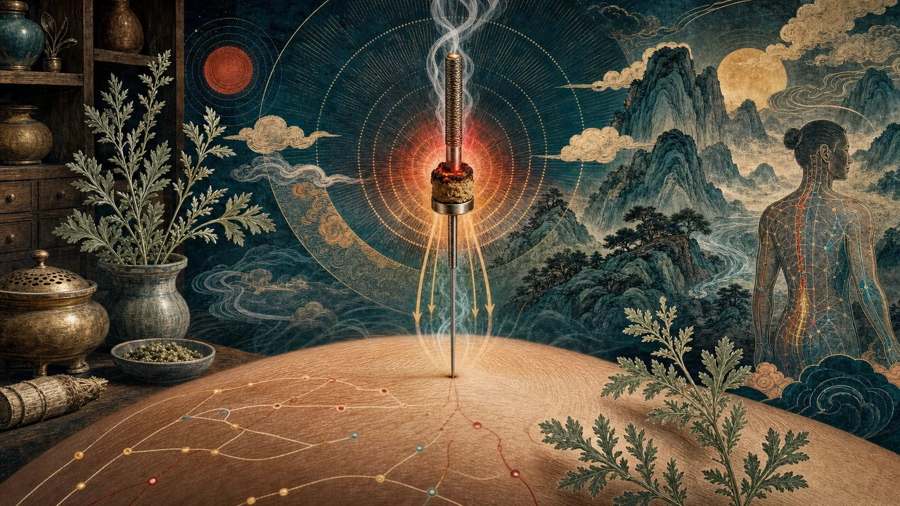 A surreal composition with an acupuncture needle, lit moxa and flows of heat