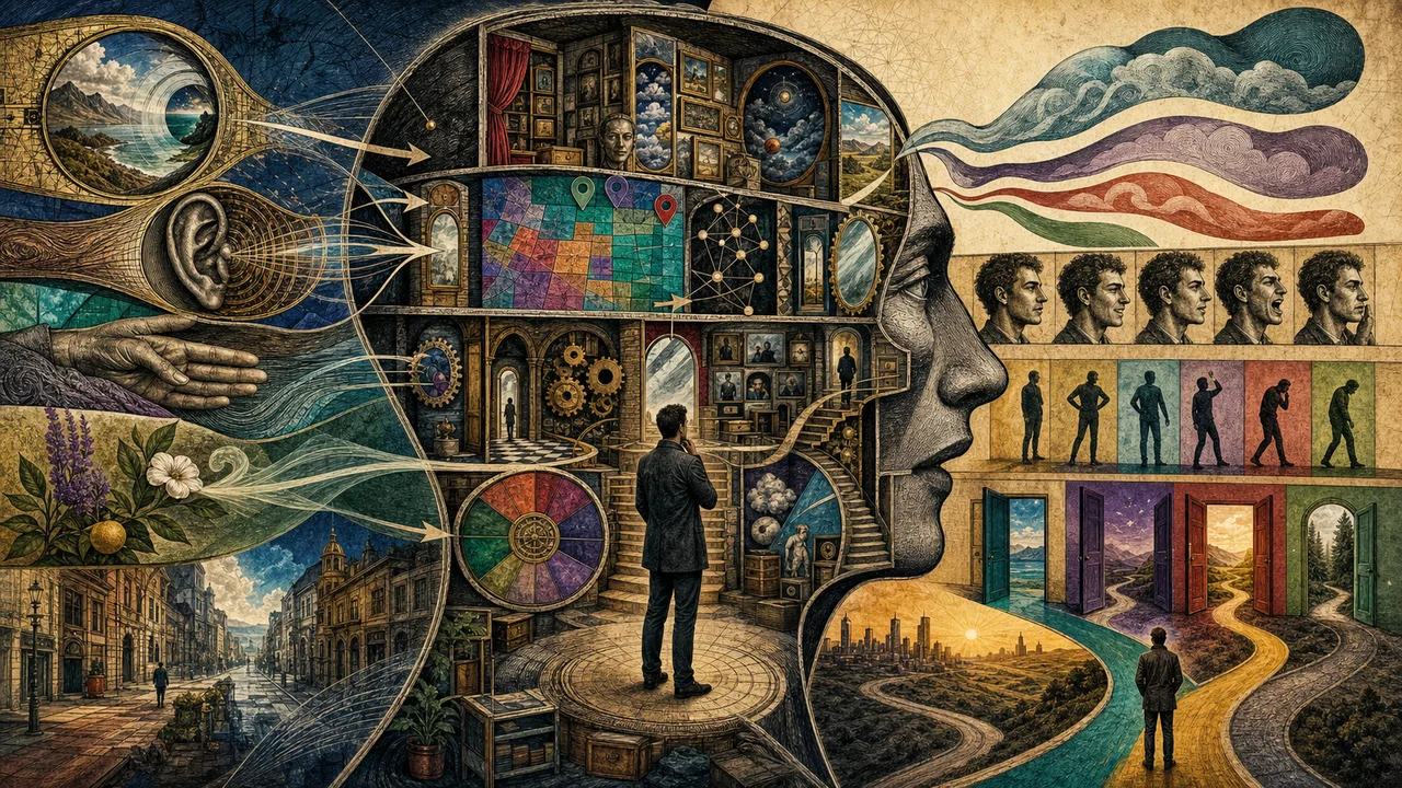 Person reflecting with connections among mind, language, senses, and behavior