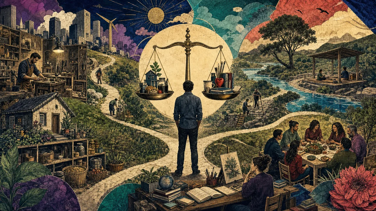 Person observing paths of light that represent choices, balance, time, family, and prosperity