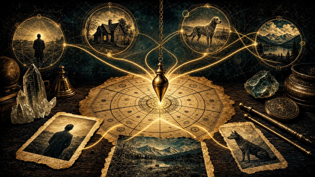 A pendulum over a dowsing chart connected by lines of resonance to distant targets in symbolic circles