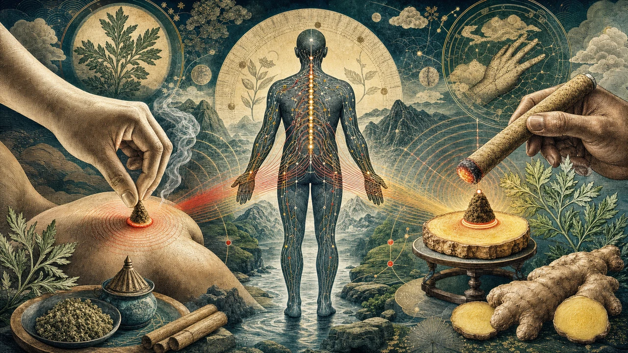 A surreal composition comparing direct and indirect moxibustion