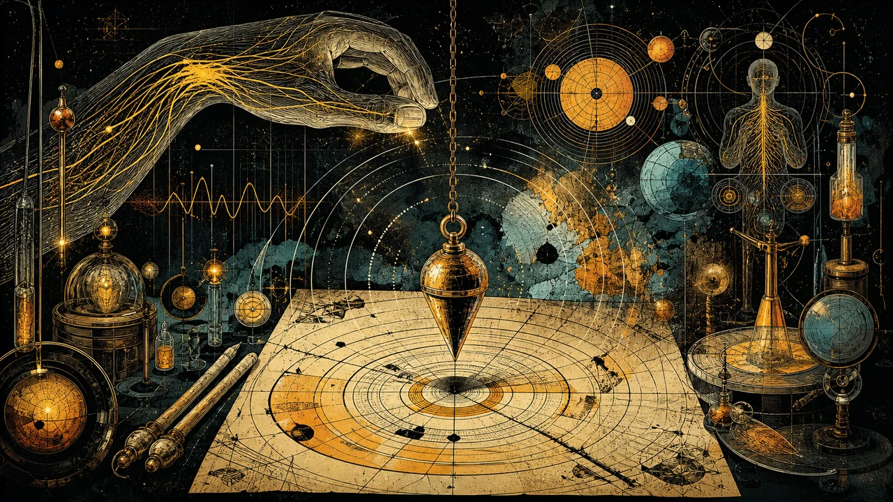 A hand with subtle nerve lines moving a pendulum over a dowsing chart in a symbolic composition
