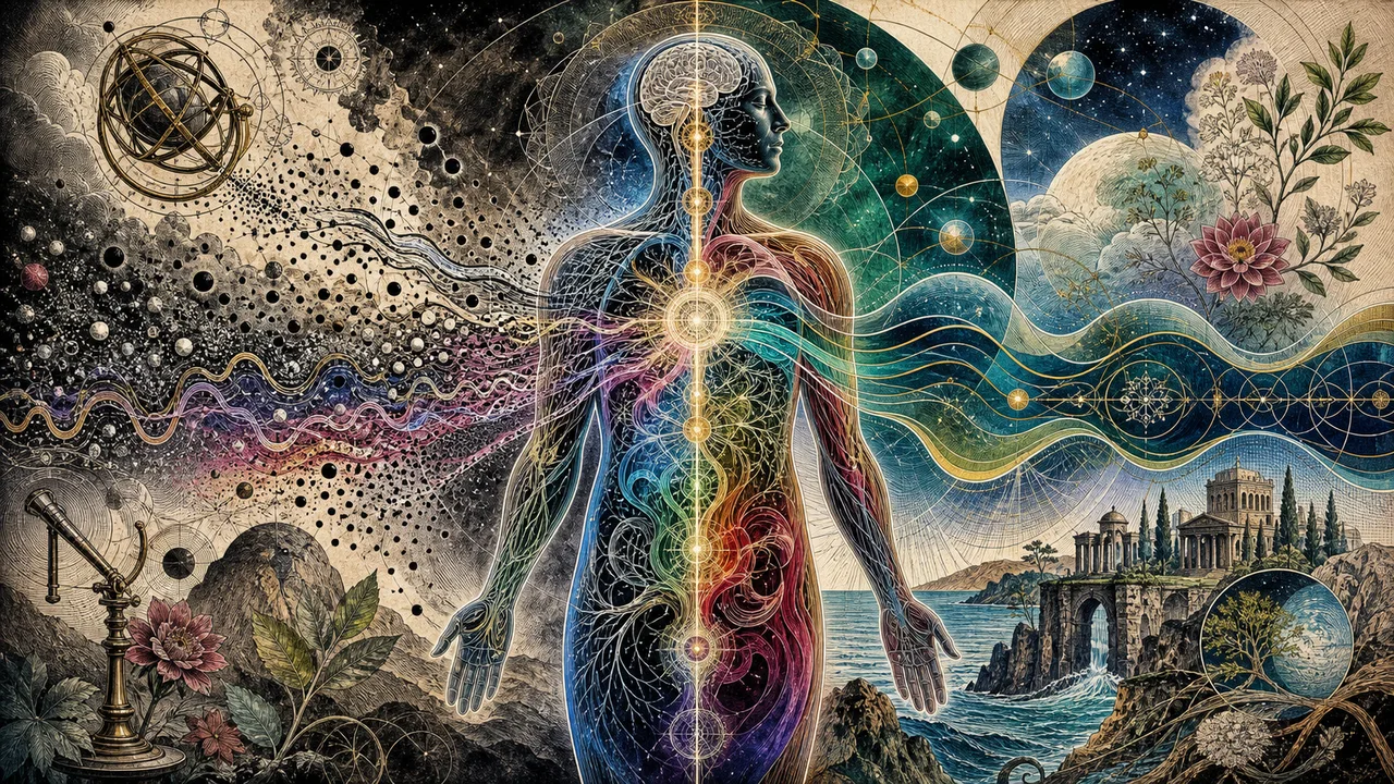 A human figure surrounded by waves, particles, and energy fields representing the quantum view of vibrational therapy