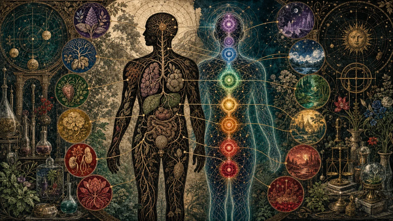 A subtle body with luminous chakras superimposed on organs, glands and nerve networks