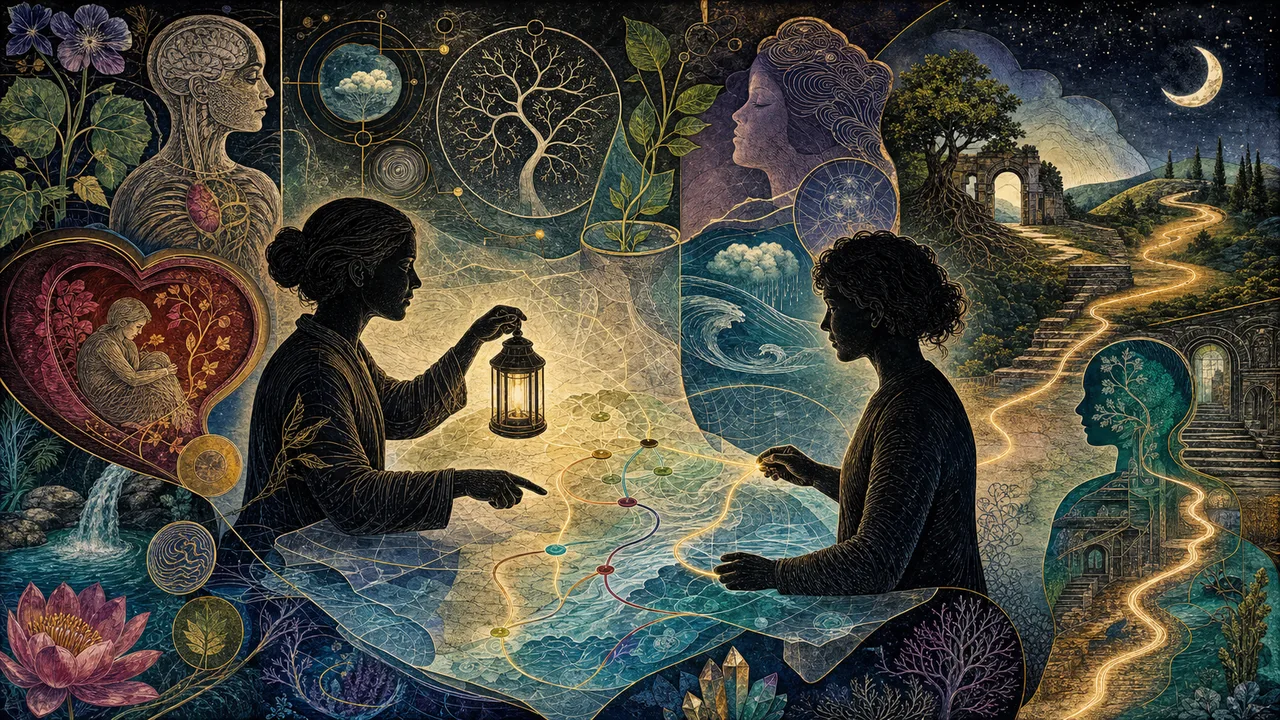 Vibrational therapist guiding a person with a luminous energetic field during a responsible session