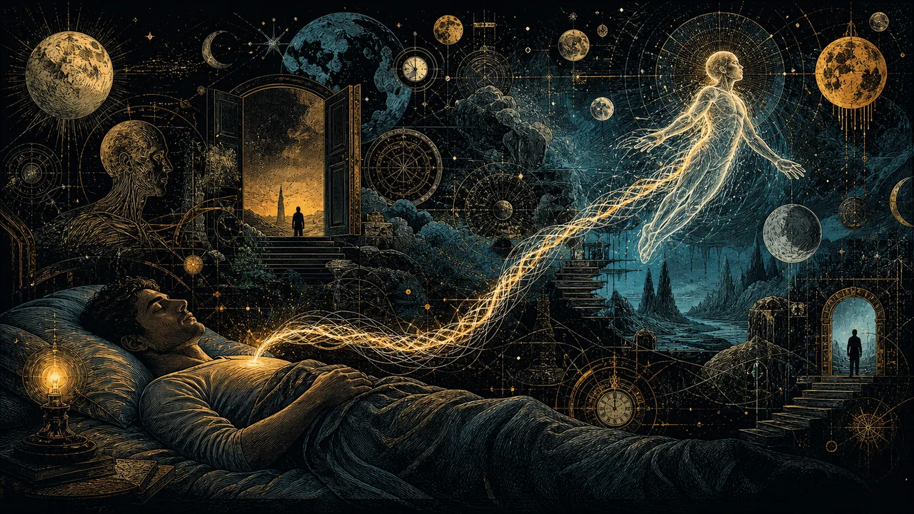 Astral body connected to the physical body by a luminous cord during astral projection