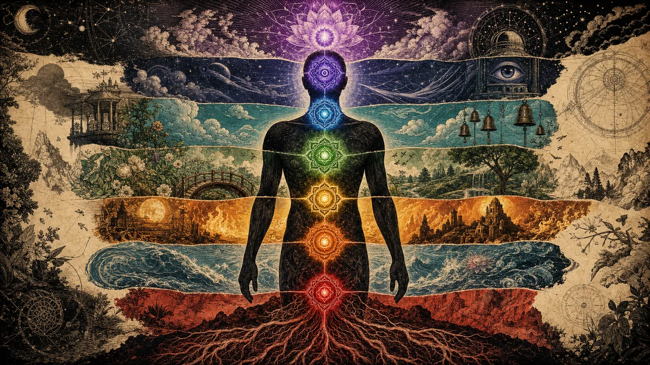 Person meditating with seven aligned chakras and an energy field around the body