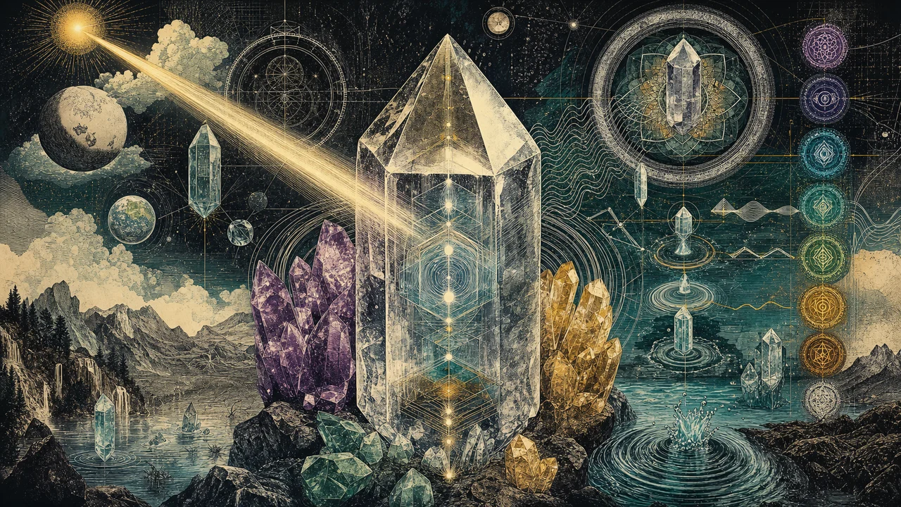 A luminous crystal storing energy in its core and radiating frequencies toward other crystals in a symbolic crystal therapy composition