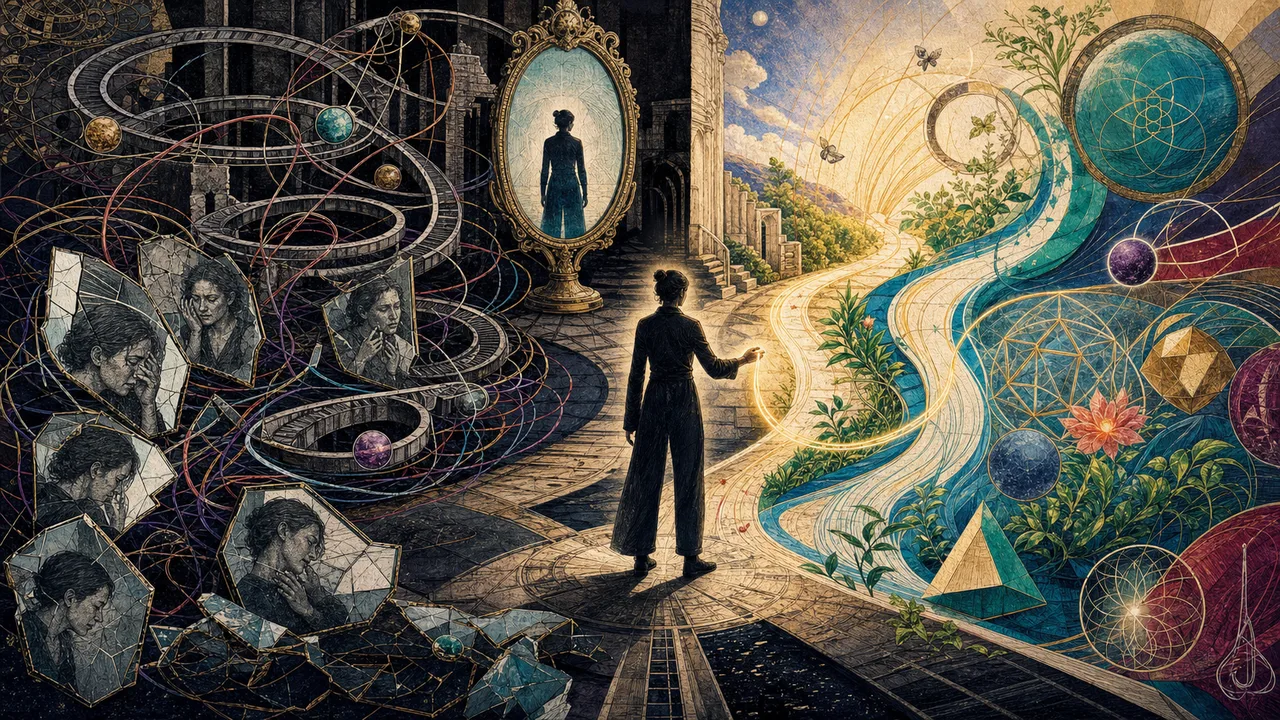 A person standing before luminous paths while holding an inner light that represents self-responsibility and vibrational transformation