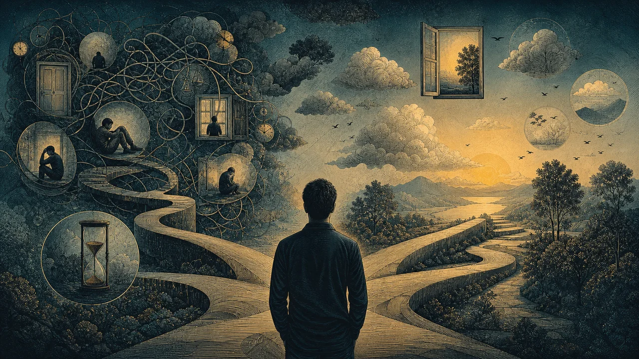 Person practicing mindfulness with scattered thoughts around them, representing common difficulties in the practice